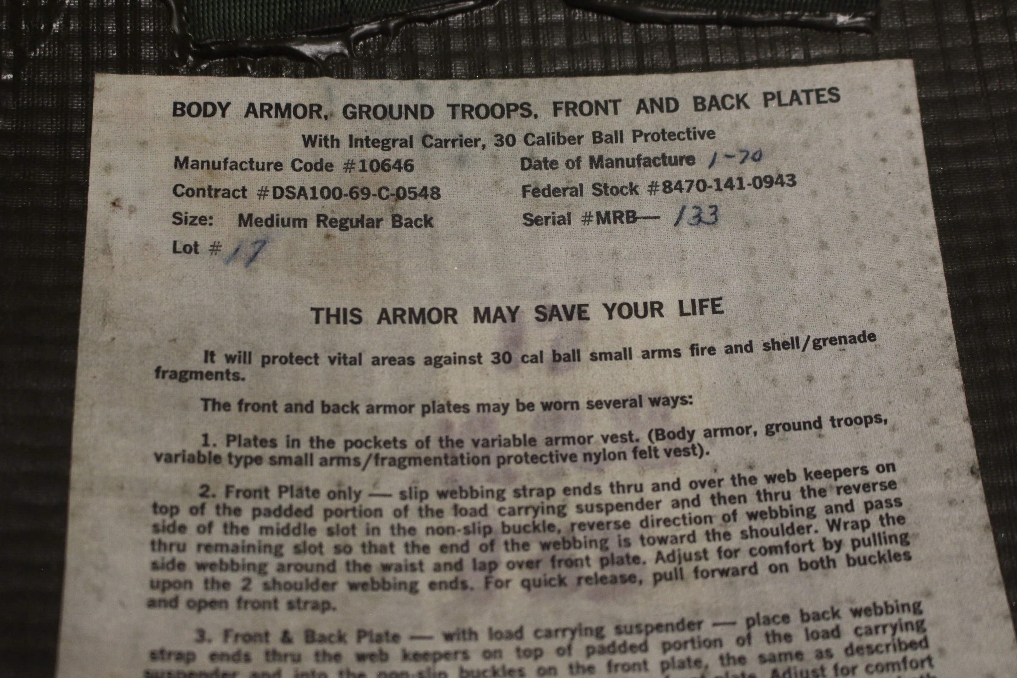 1970's US Army Ground Troops Small Arms-Fragmentation Protective Body Armor Vest with Front-Back Plates - 8470-141-0947 - Medium Regular - Image 11
