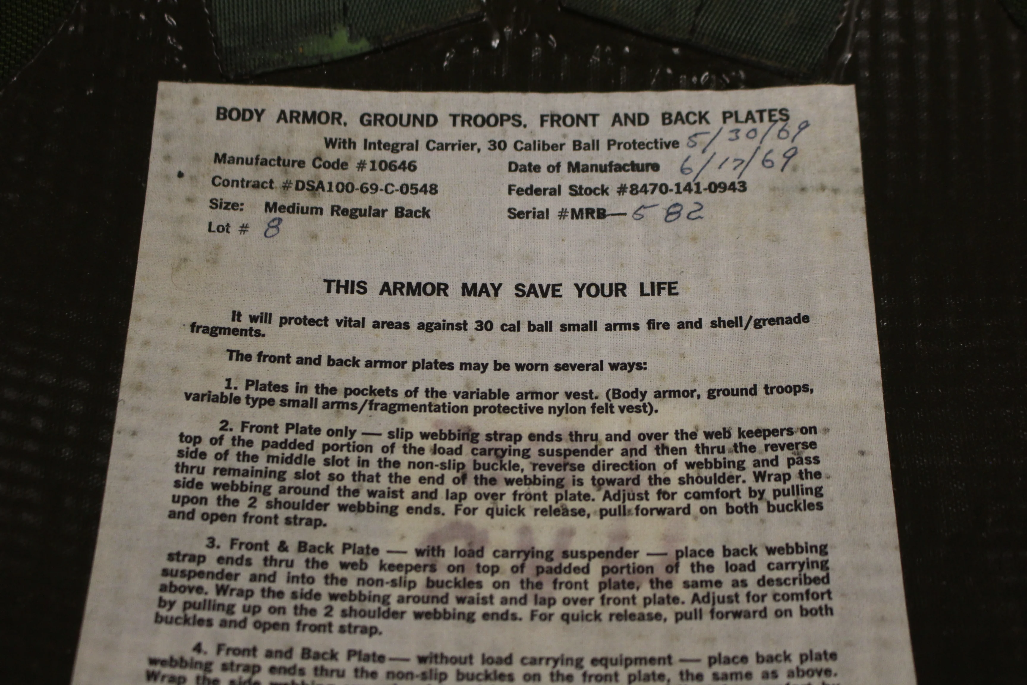 1970's US Army Ground Troops Small Arms-Fragmentation Protective Body Armor Vest with Front-Back Plates - 8470-141-0947 - Medium Regular - Image 12