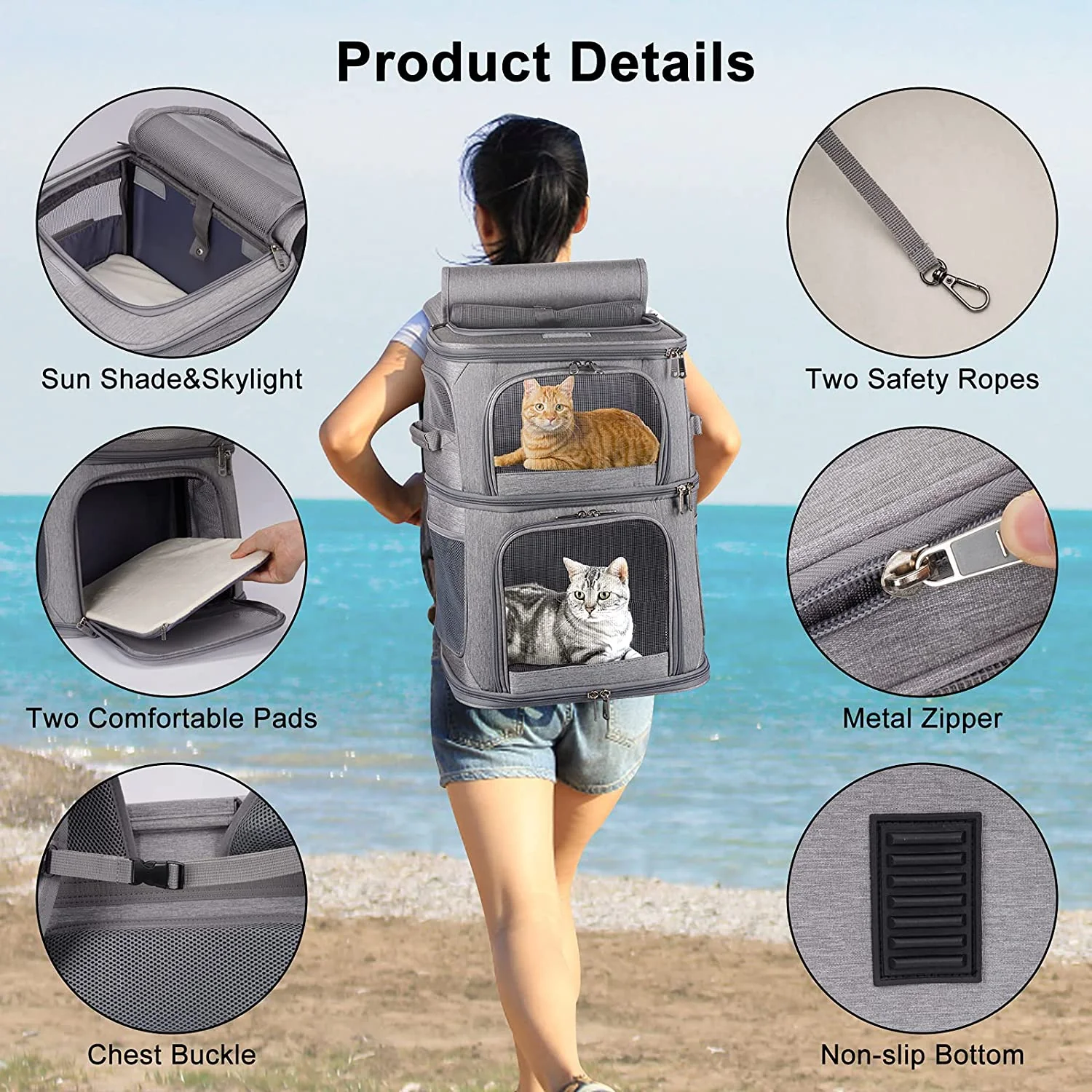 2-In-1 Double Pet Cat Carrier Backpack - Portable Travel - Gray - Used - Image 9