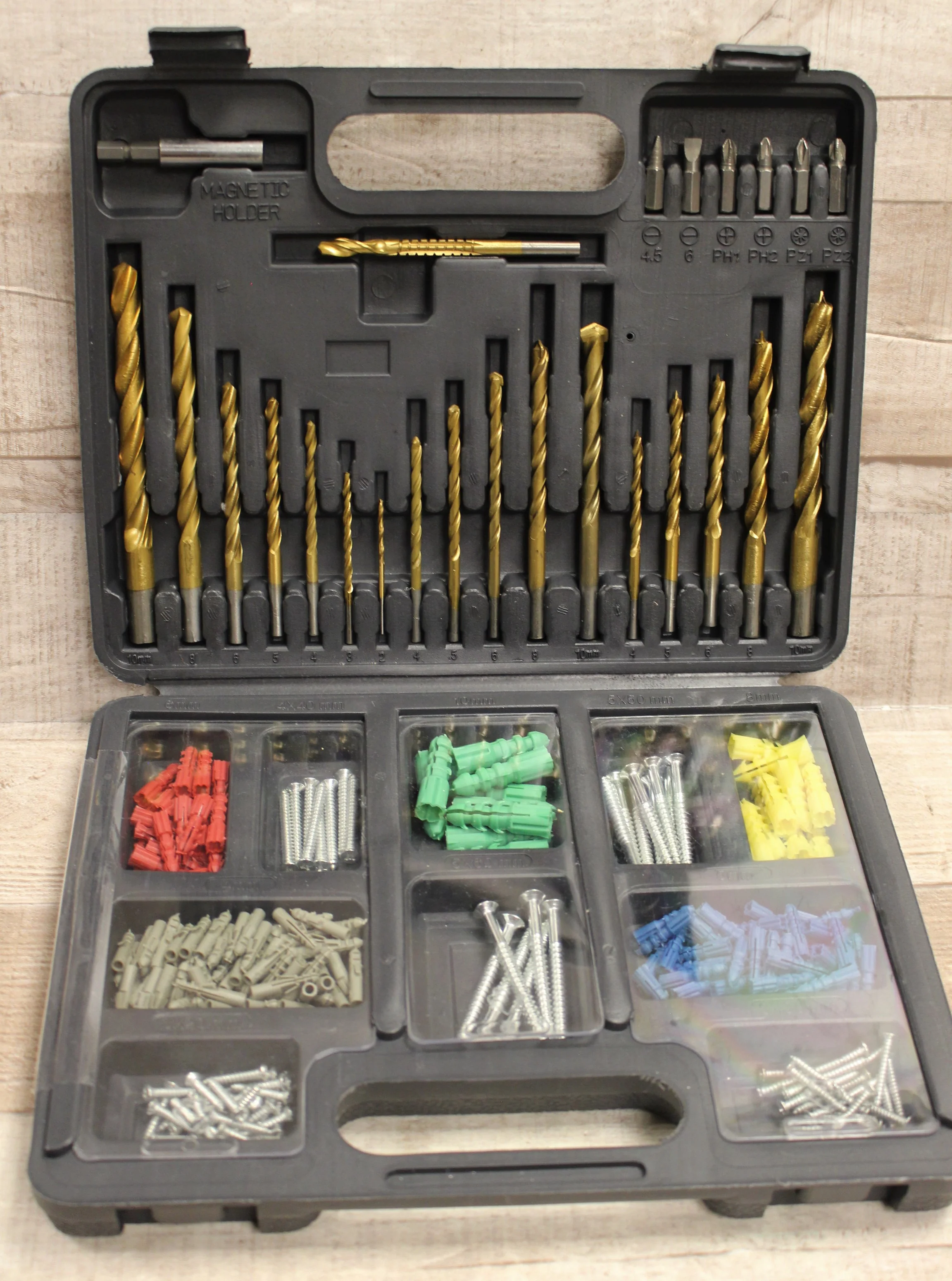 300 PC Drill Bits, Masonry Drills, Boring Bits, Screws, & Wall Anchors Plugs Kit