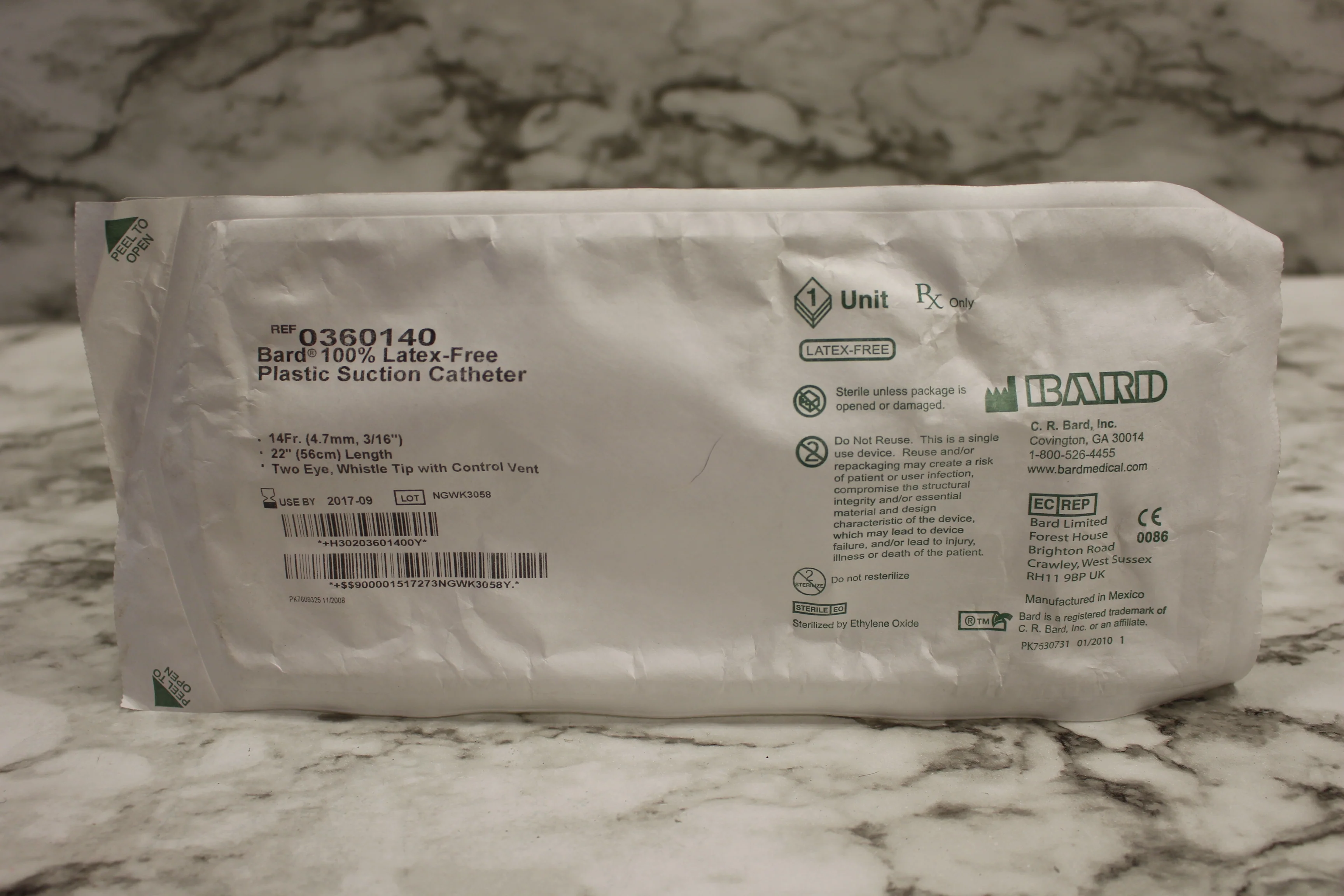 Bard 100% Latex-Free Plastic Suction Catheter - 22" - New