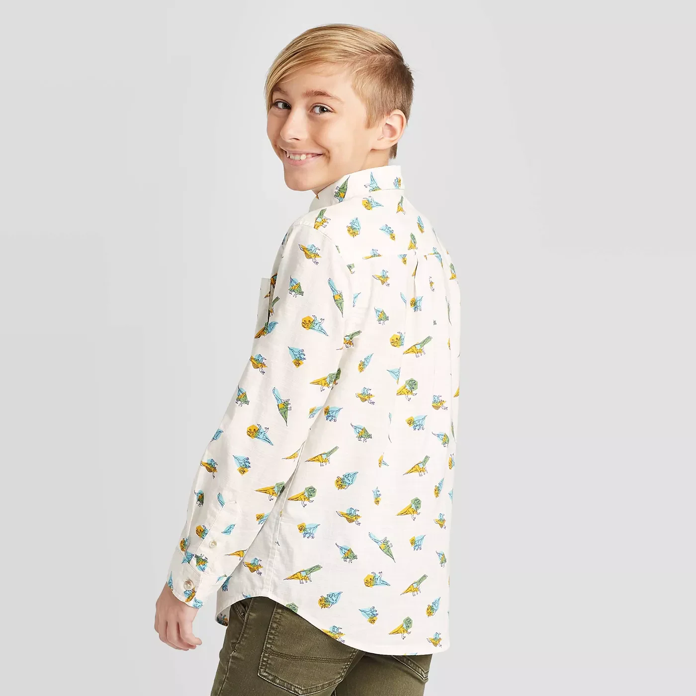 Cat & Jack Boys' Long Sleeve Dino Print Button-Down Shirt - Almond Cream - Size: XLarge - New - Image 2