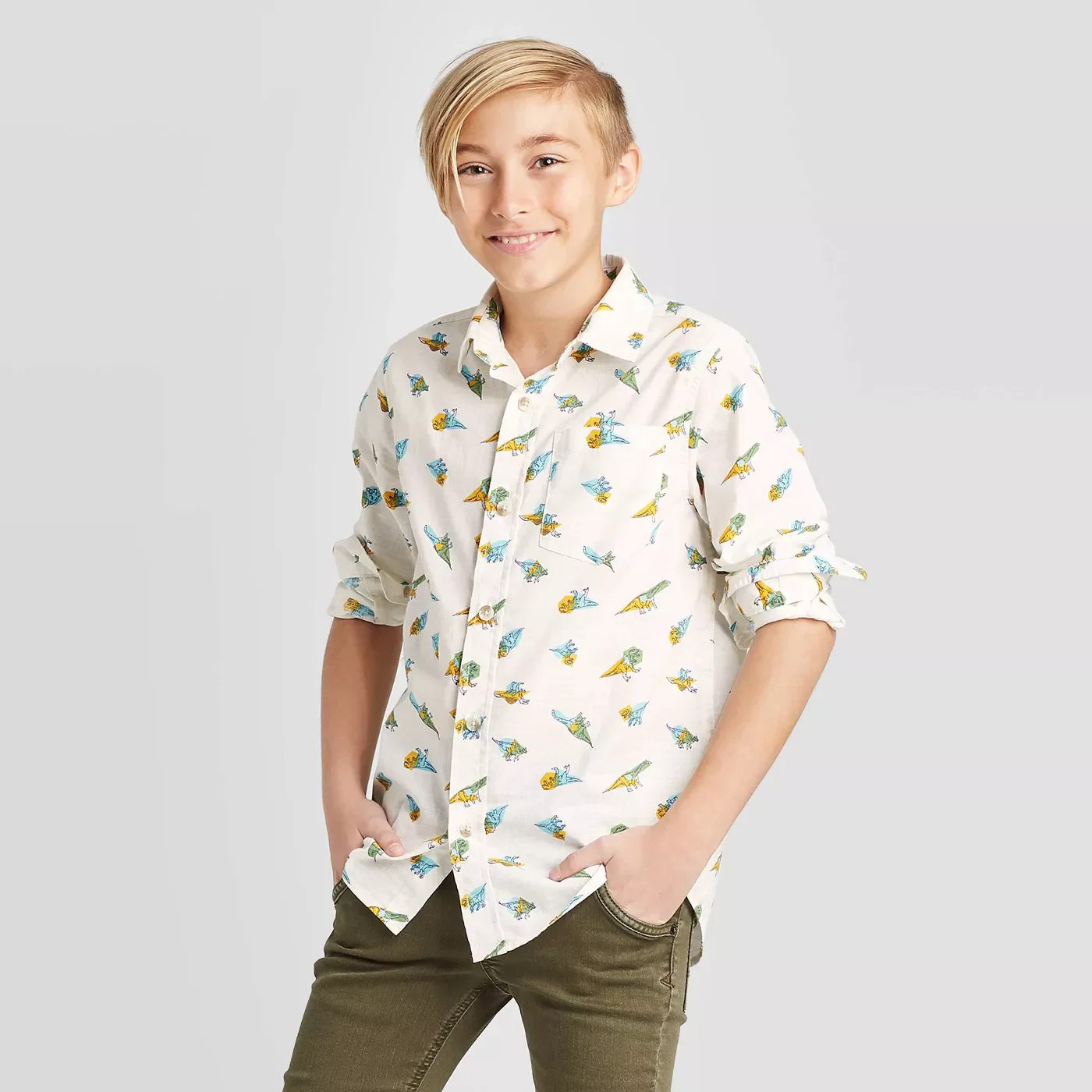 Cat & Jack Boys' Long Sleeve Dino Print Button-Down Shirt - Almond Cream - Size: XS - New
