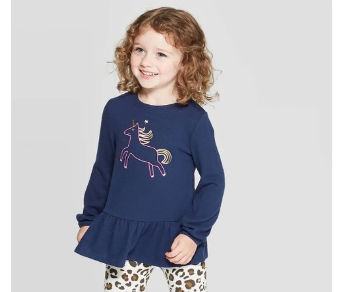 Cat & Jack Toddler Girls T-Shirt Long Sleeve Unicorn Navy T-Shirt Size 12M - New