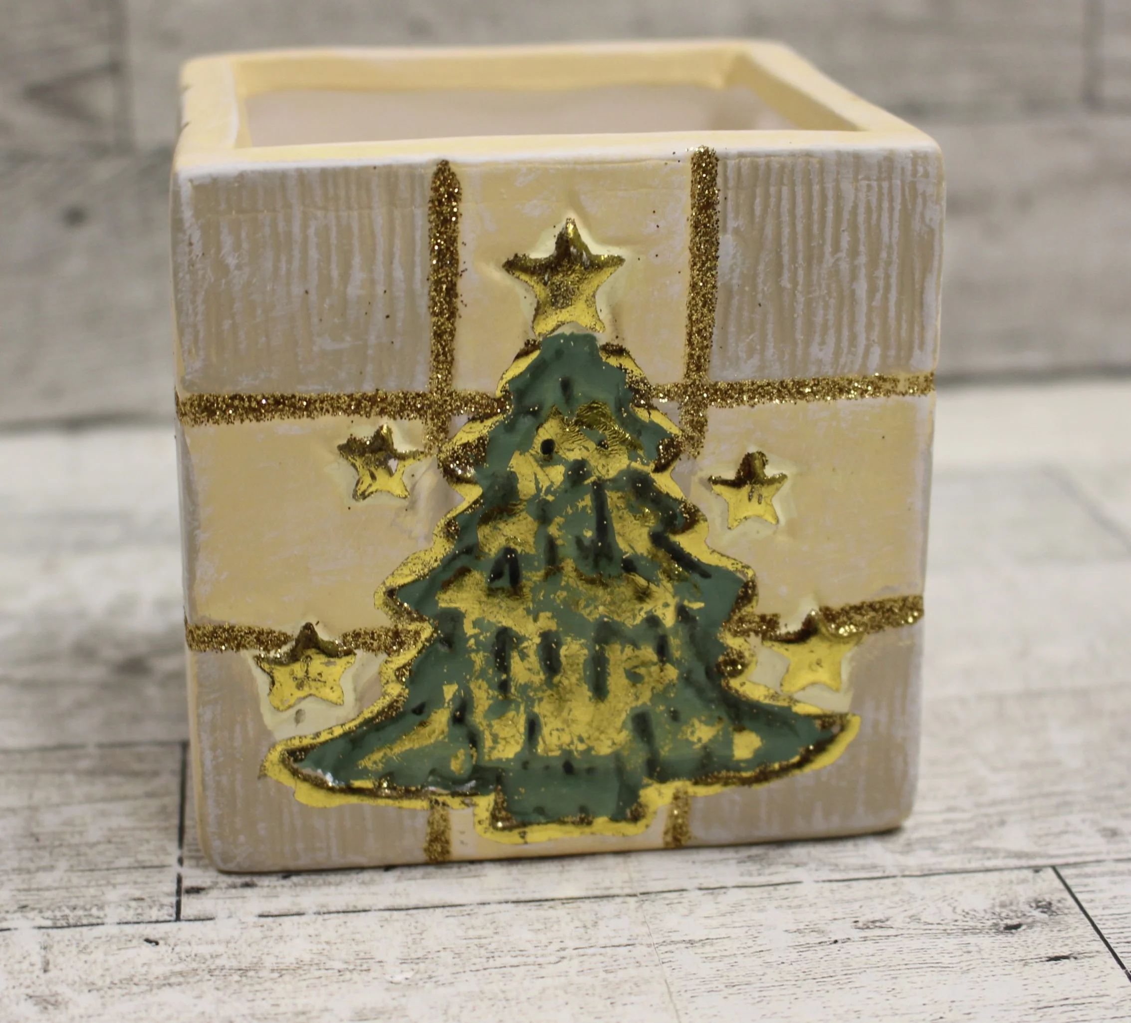 Christmas Tree Ceramic Square Holiday Cube for Candles or Crafts - New