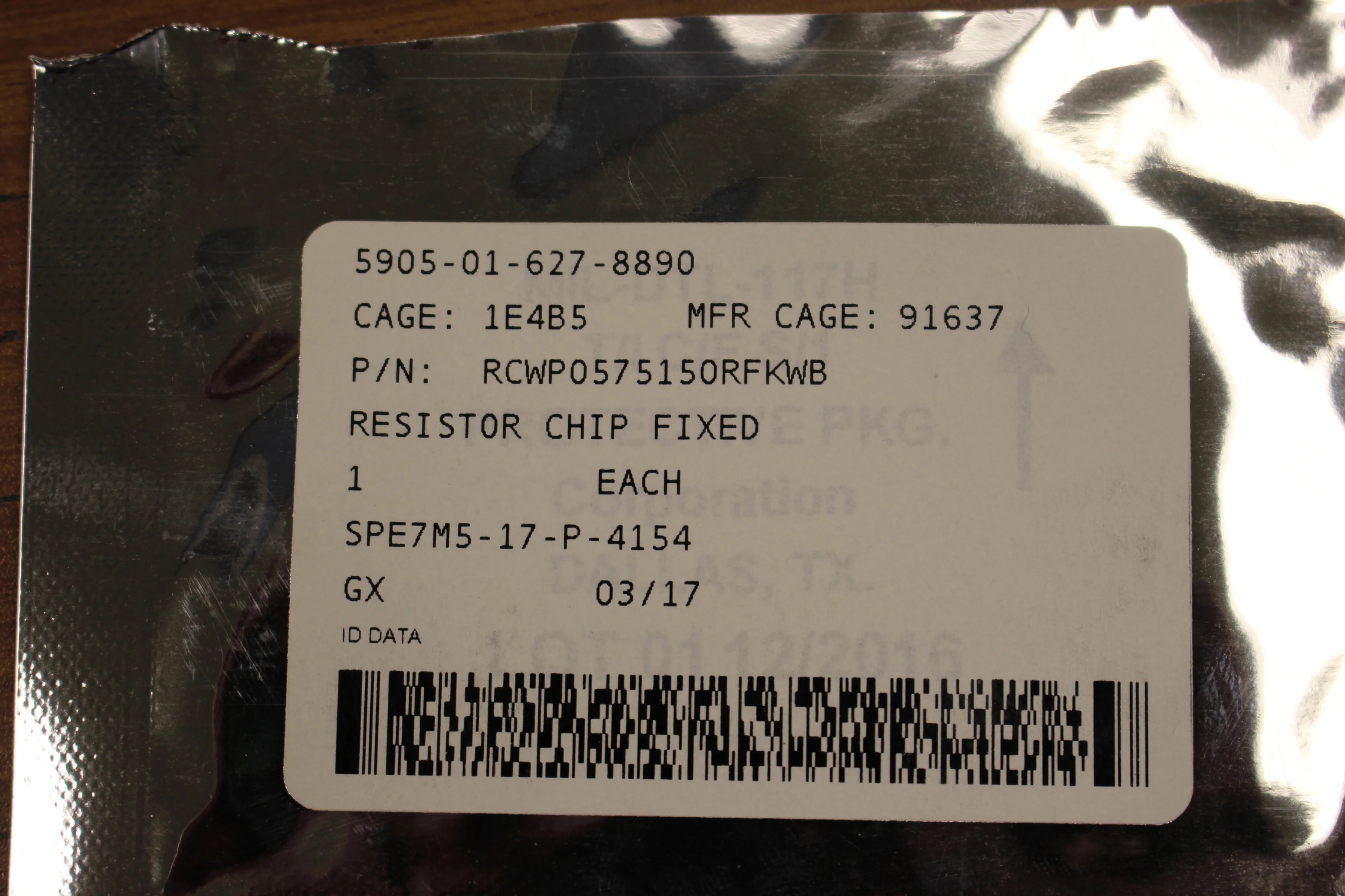 Film Fixed Chip Resistor, 5905-01-627-8890, 5905-01-627-8890, RCWP0575150RFKWB, New - Image 4