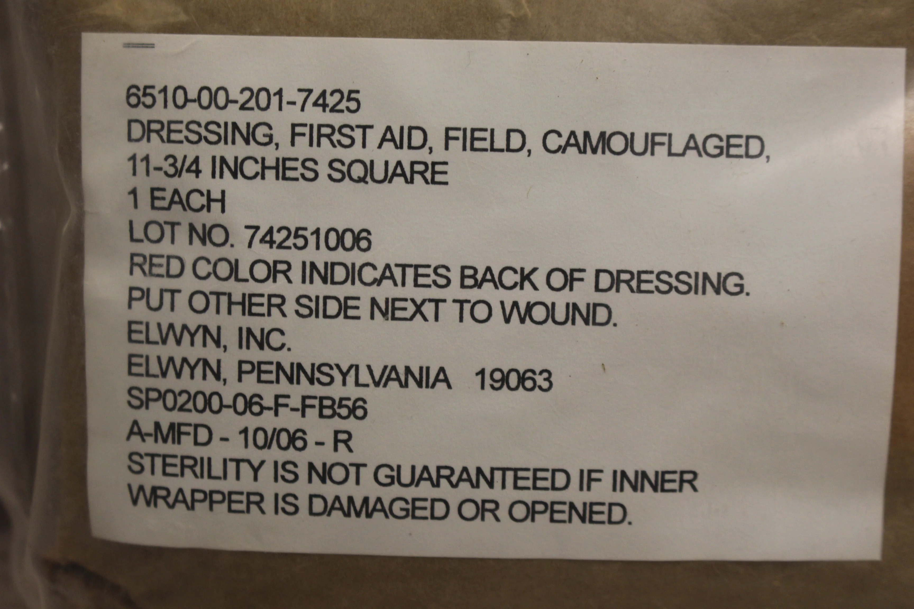 First Aid Field Camouflaged Dressing - 11-3/4" - 6510-00-201-7425 - New - Image 2