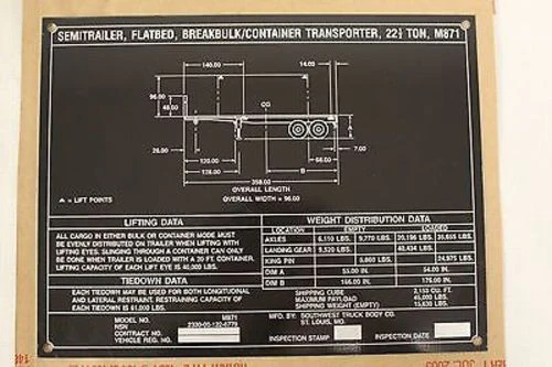 Flatbed Semitrailer Identification Plate, NSN 9905-01-243-0621, New!