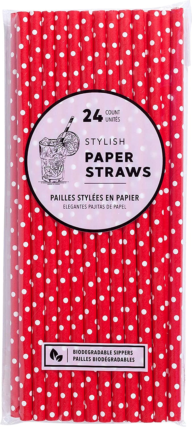 Jacent Stylish Biodegradable Paper Straws - 24 Count - Red & White Polka Dot-New