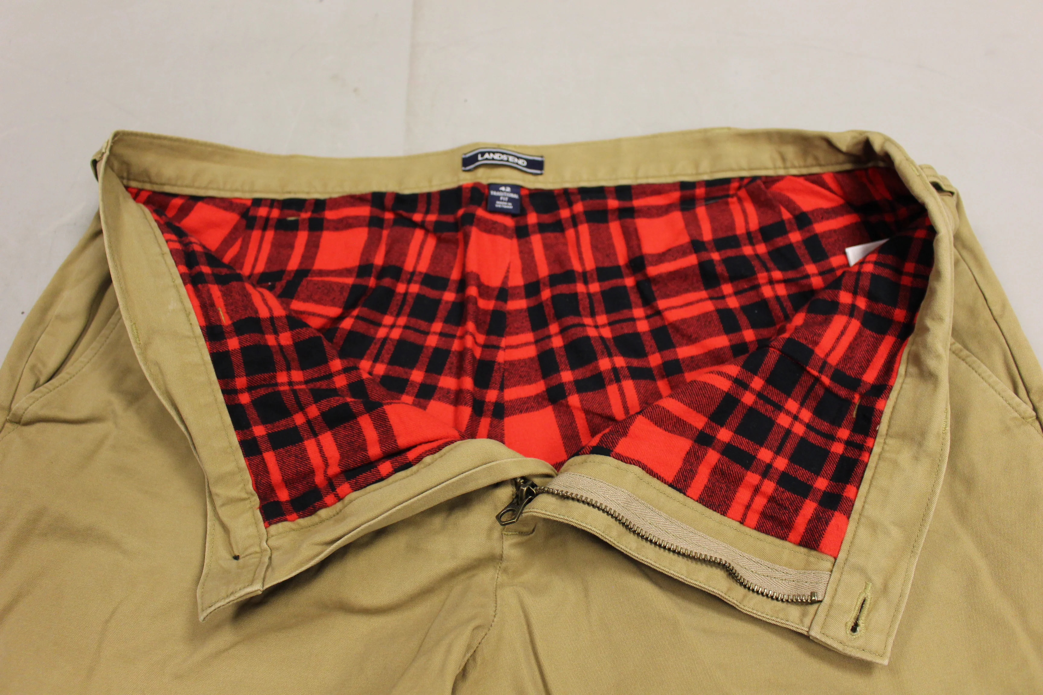 LL Bean Men's Tan Trousers with Plaid Lining - Size: 42 - Used - Image 2