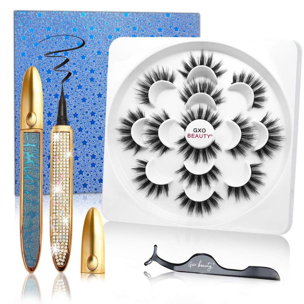 Magic Lashes Kit 7 Pairs 3D Reusable Eyelashes & Waterproof Eyeliners W/ Tweezer