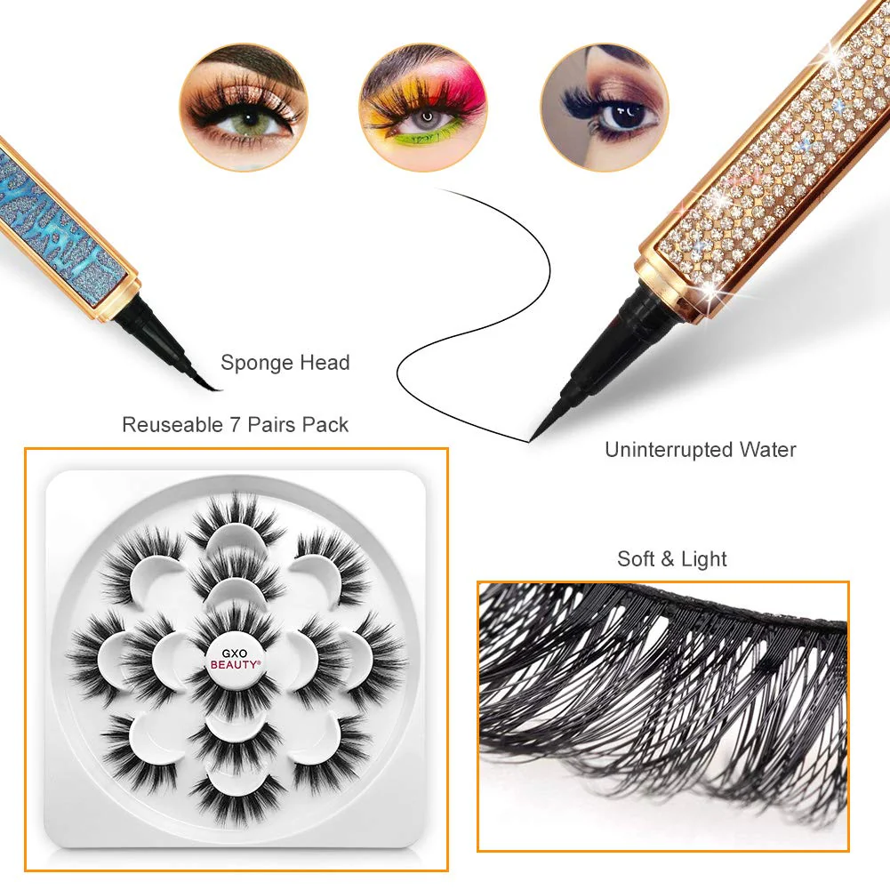 Magic Lashes Kit 7 Pairs 3D Reusable Eyelashes & Waterproof Eyeliners W/ Tweezer - Image 2