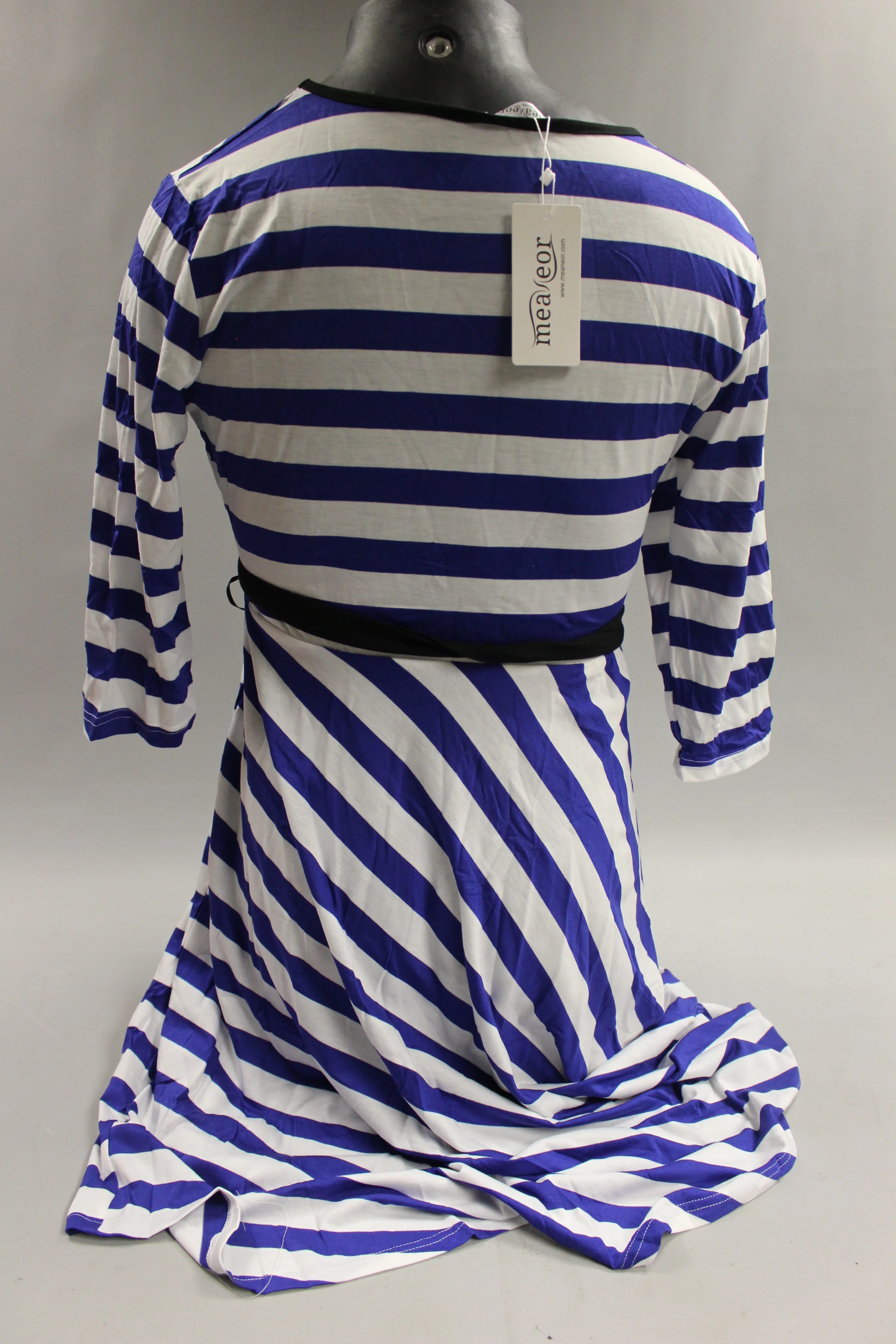 Meaneor Women's O-Neck 3/4 Sleeve Belted Striped Dress Size XL -Blue/White -New - Image 2