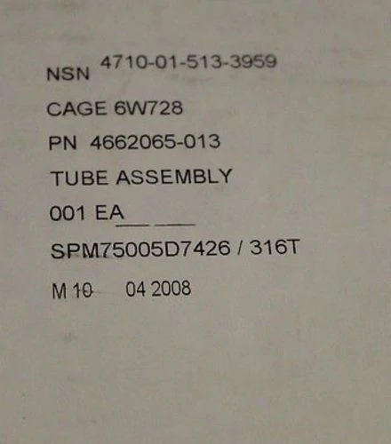 Metal Tube Assembly PN 4662065-013, NSN 4710-01-513-3959, New - Image 2