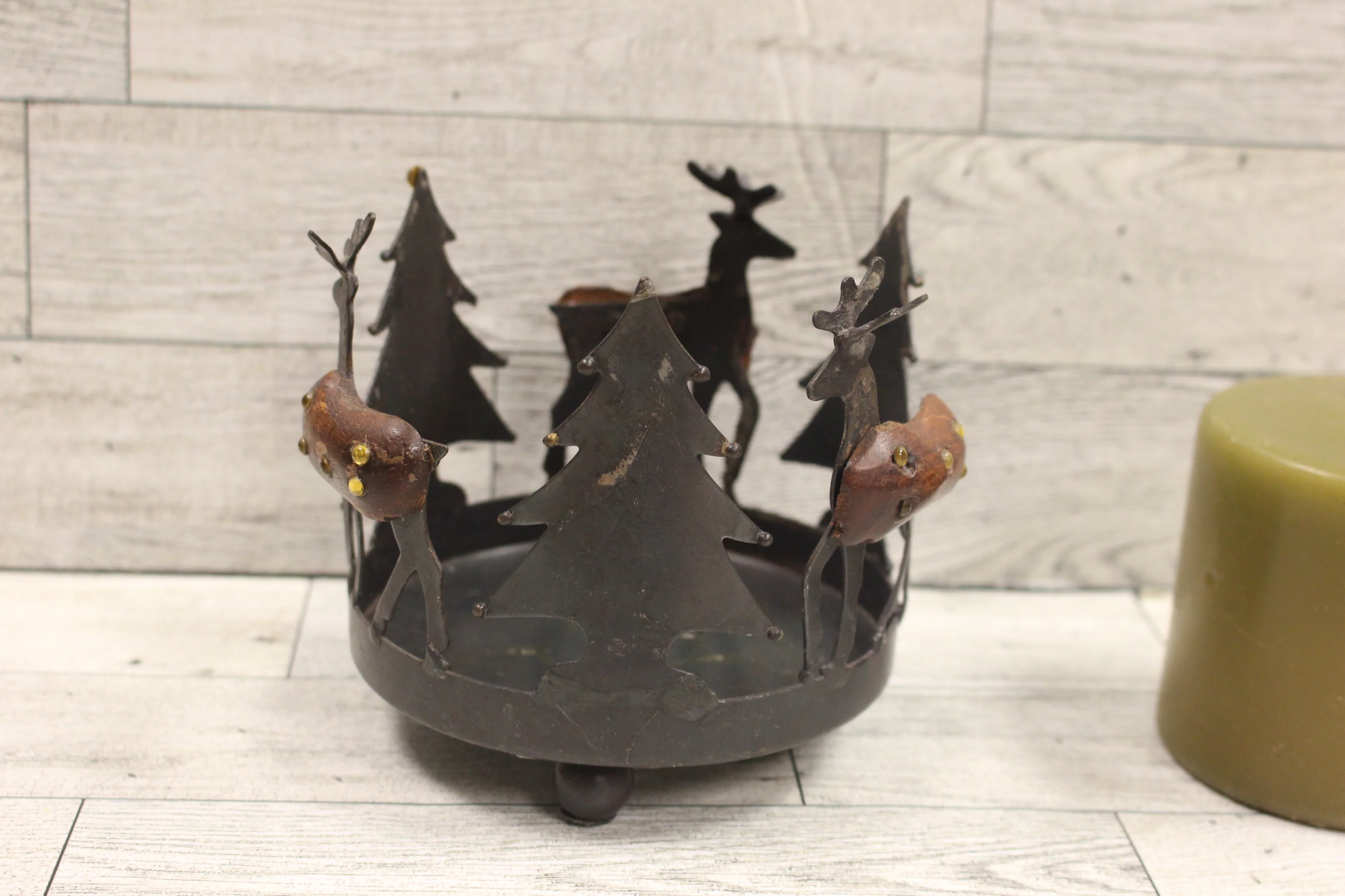 Metal & Wood Reindeer & Trees Candle Votive Holder with Candle - Christmas Decor - Image 2