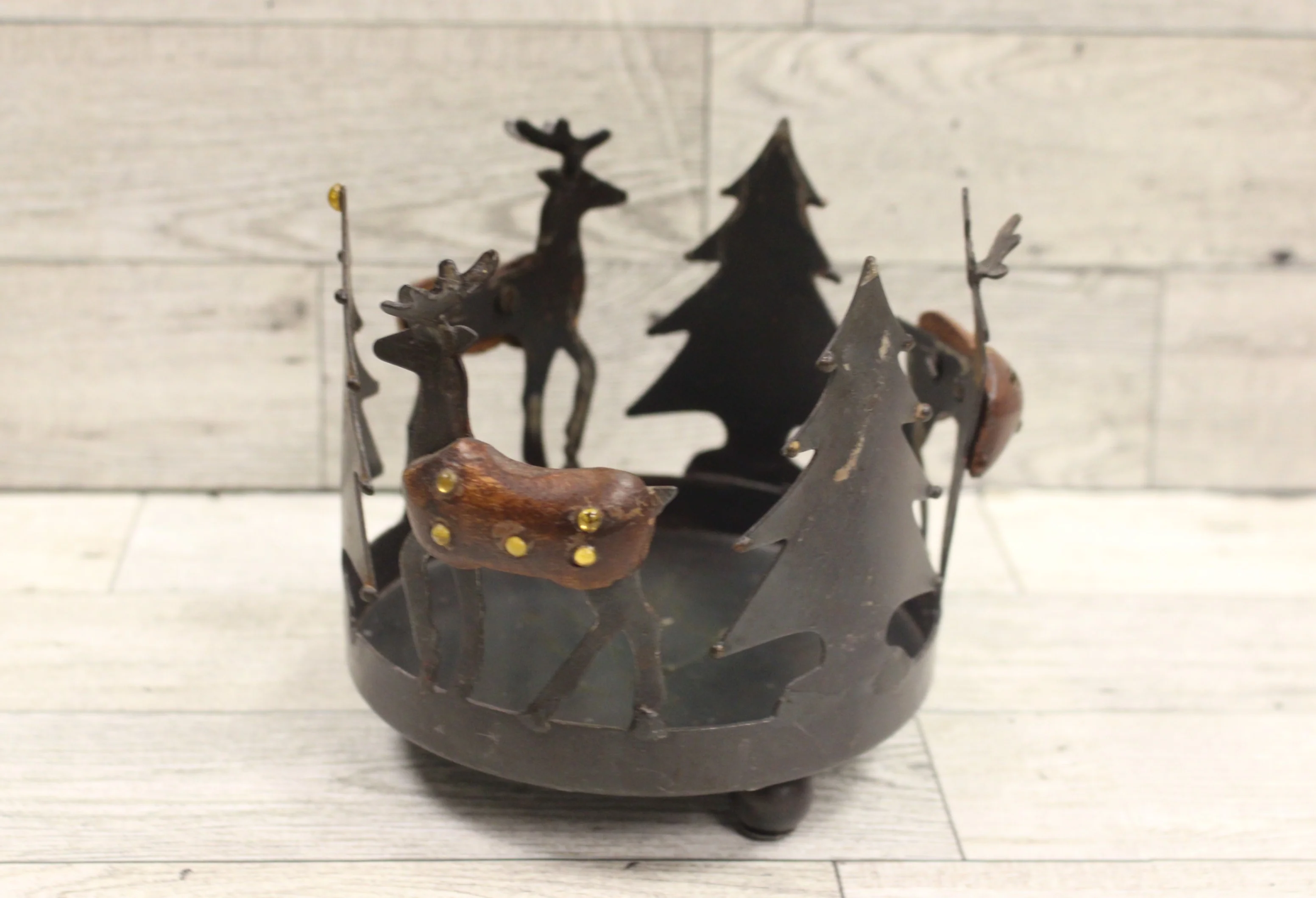 Metal & Wood Reindeer & Trees Candle Votive Holder with Candle - Christmas Decor - Image 3