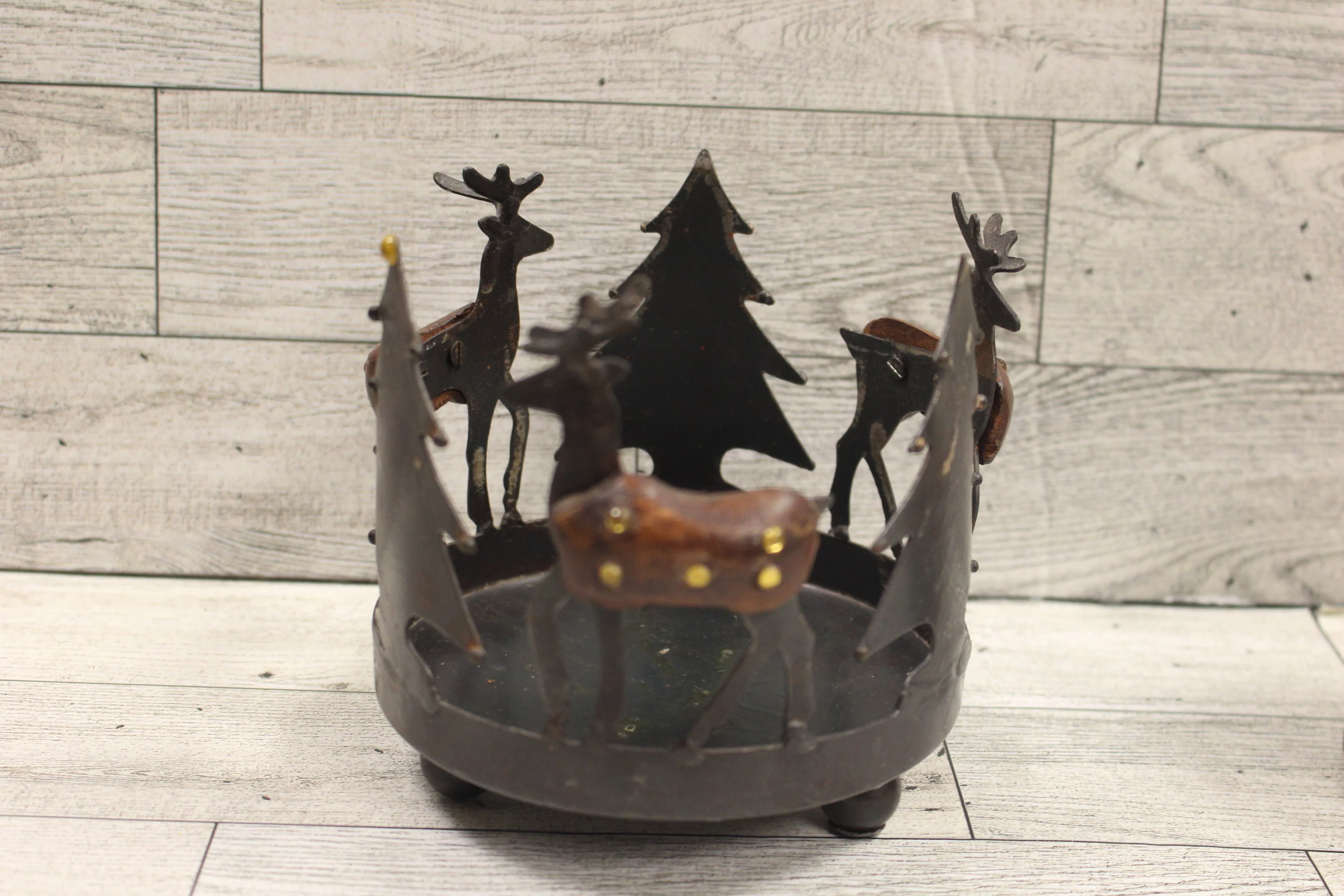 Metal & Wood Reindeer & Trees Candle Votive Holder with Candle - Christmas Decor - Image 4