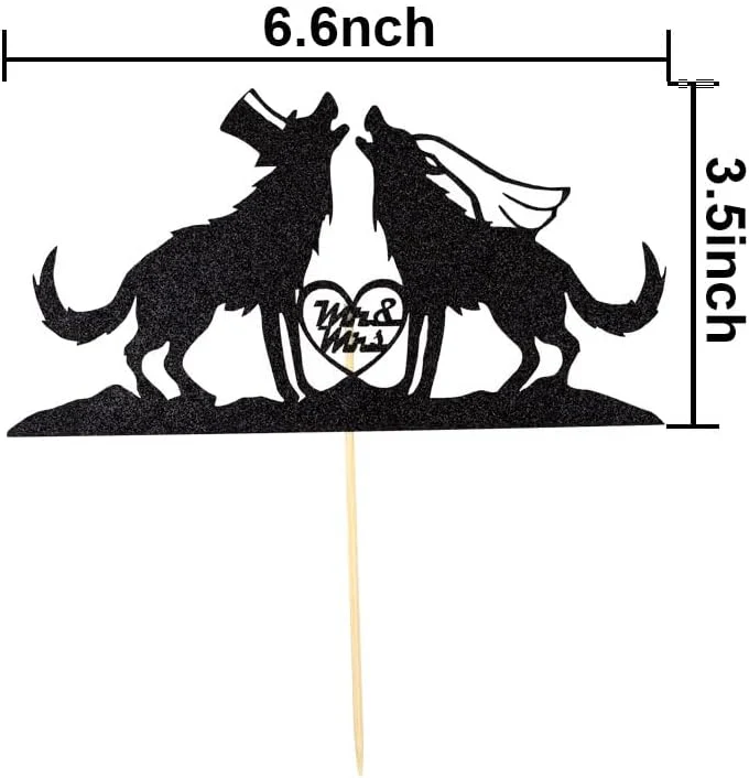 Mr. & Mrs. Wedding Wolf Cake Topper - Party Forest Wildlife - Black Glitter -New - Image 2