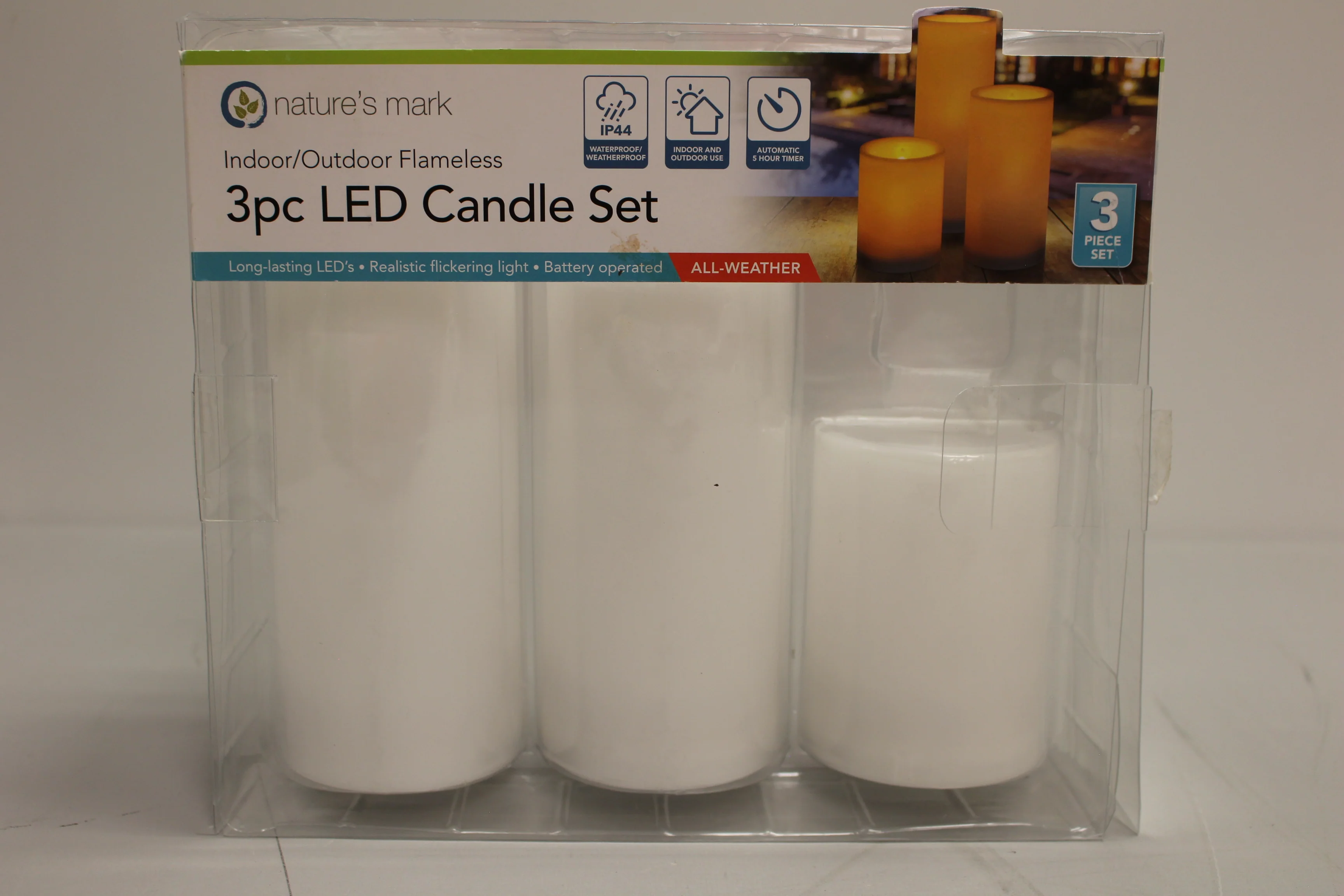 Nature's Mark Indoor/Outdoor Flameless 3 Pc LED Candle Set - Battery - New