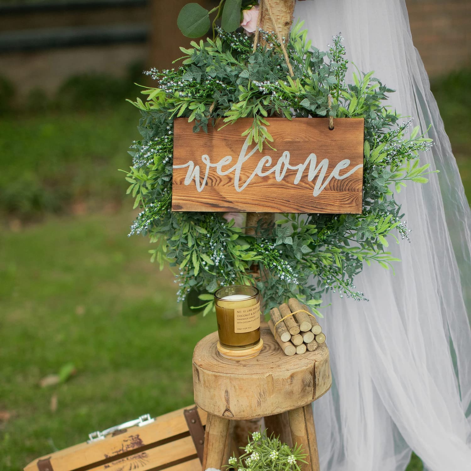 OHMZPERE 18 Inch Artificial Wreath with Wooden Welcome Sign - New - Image 2