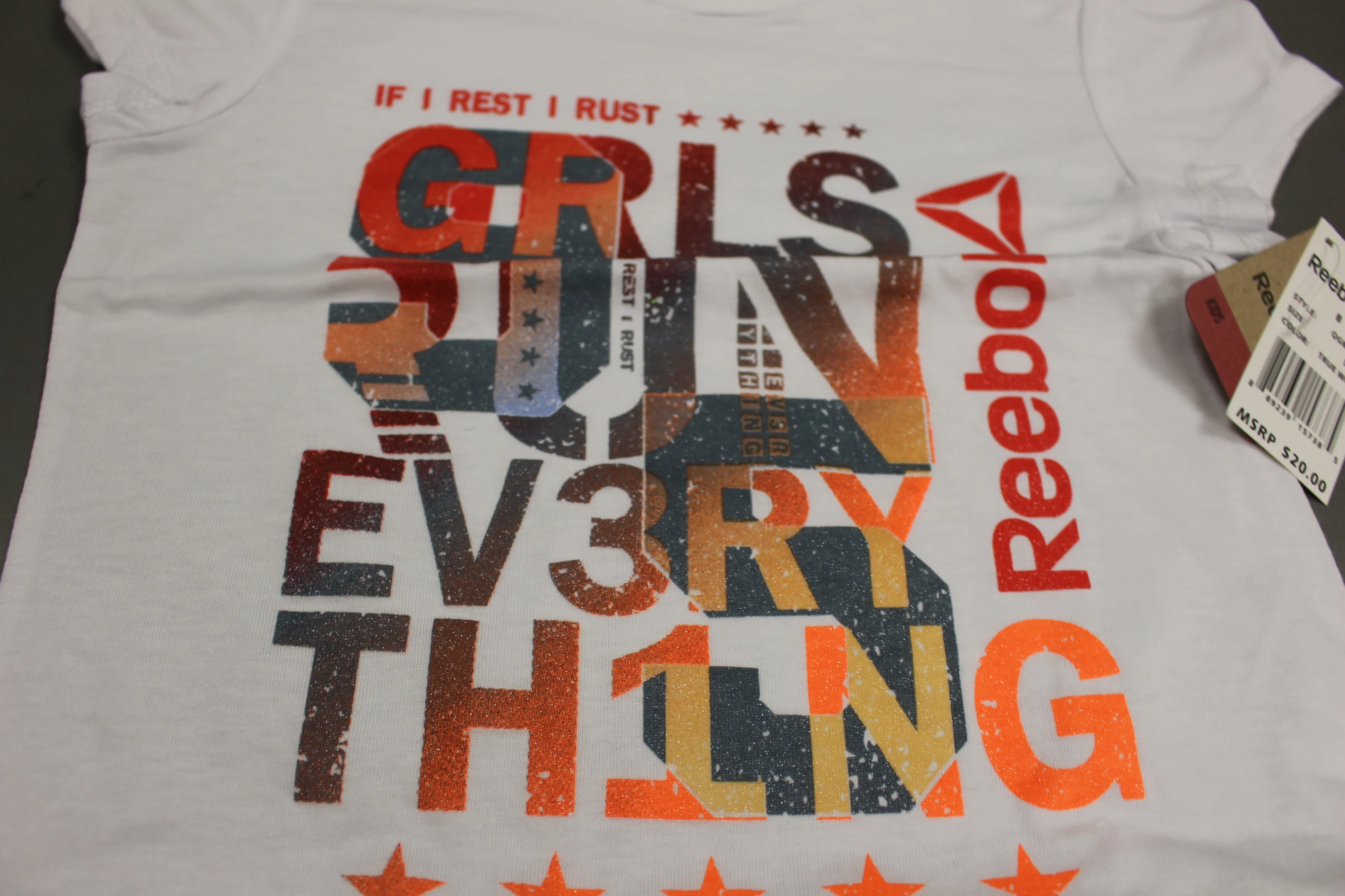 Reebok If I Rest I Rust / GRLS Run Ev3ry Th1ng T-Shirt, Small, New - Image 2