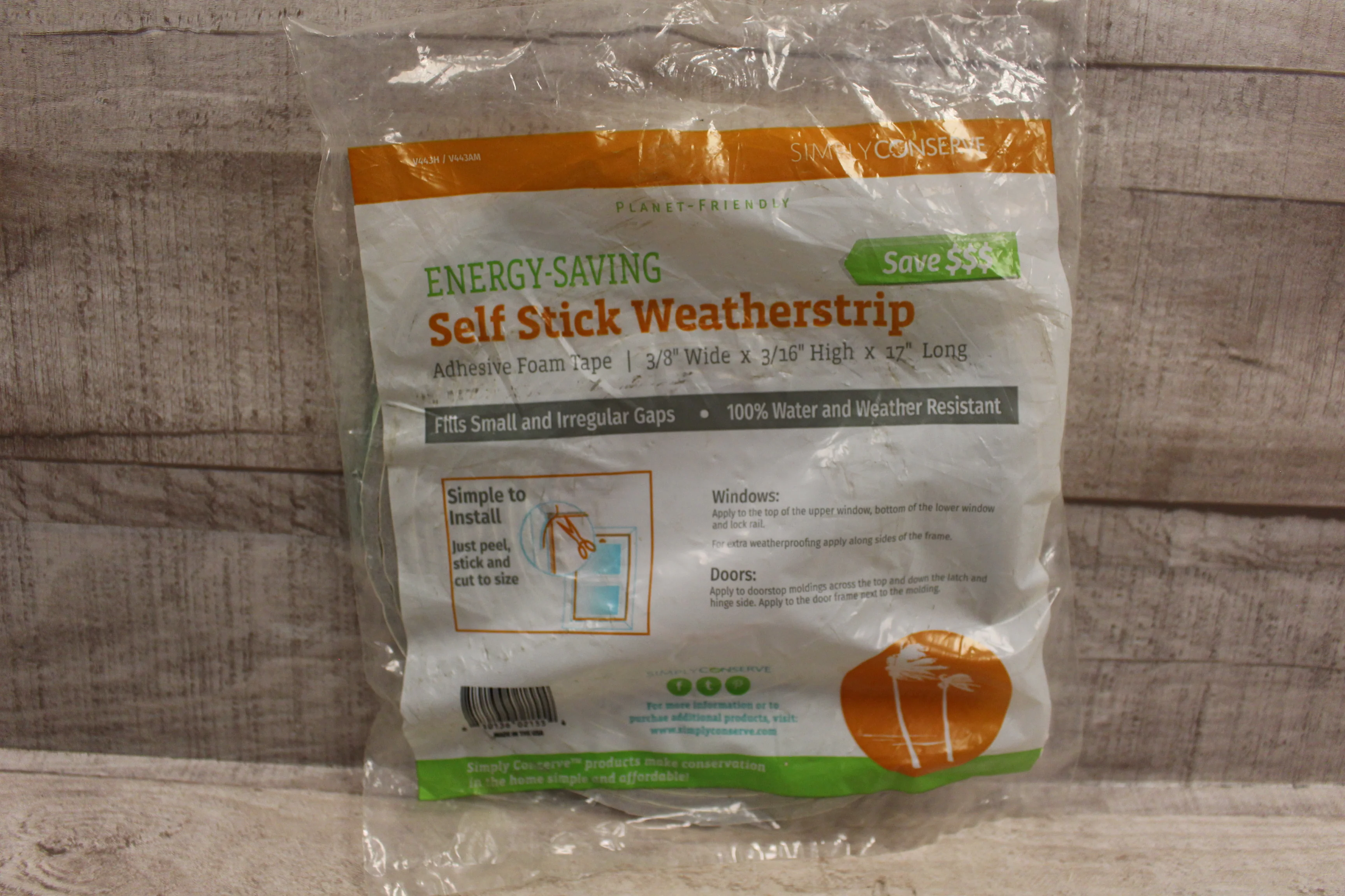 Simply Conserve Adhesive Self Stick Weather-Strip 3/8"x3/16"x17" Long -New