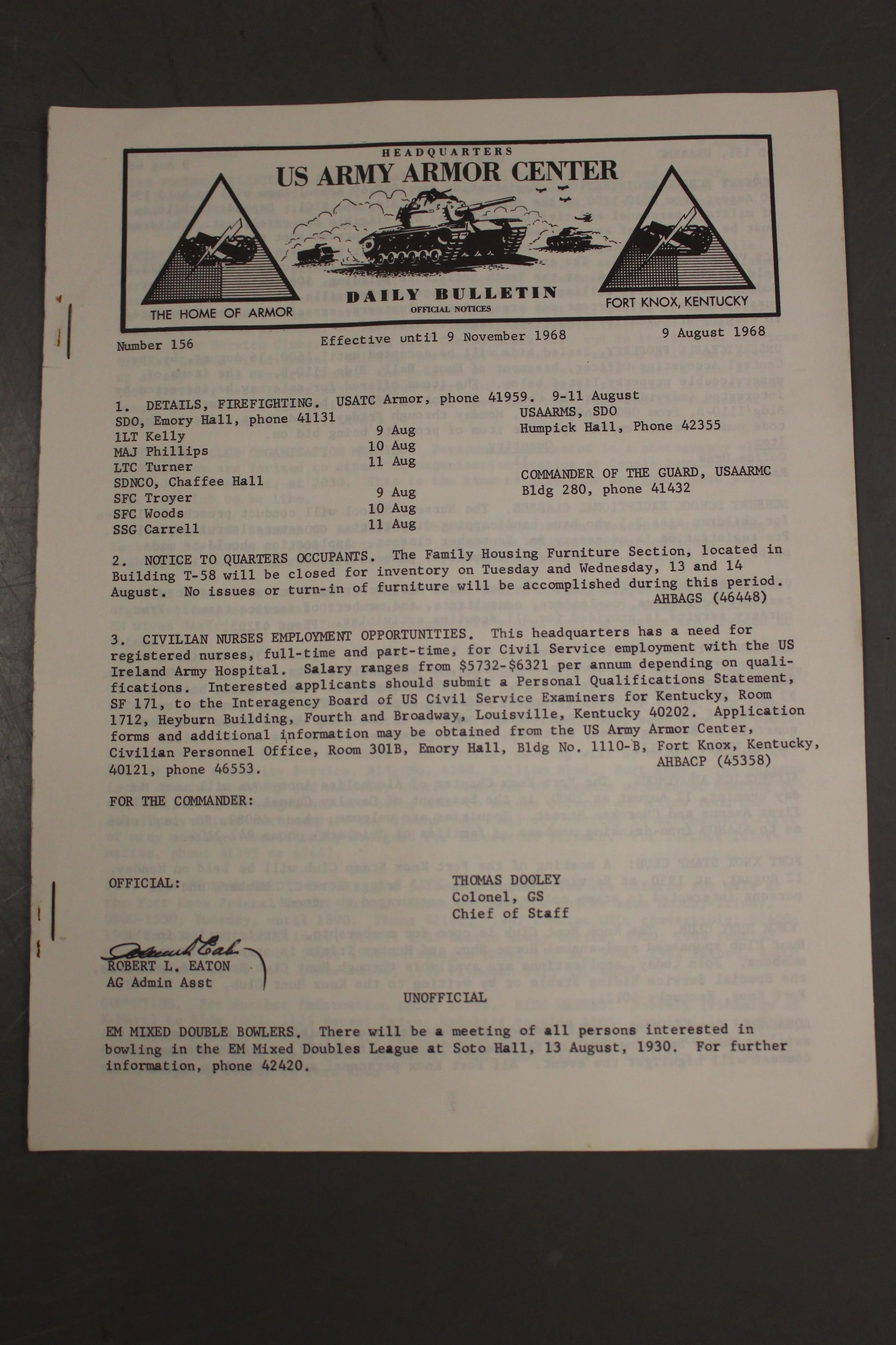 US Army Armor Center Daily Bulletin Official Notices, No 156, August 9, 1968