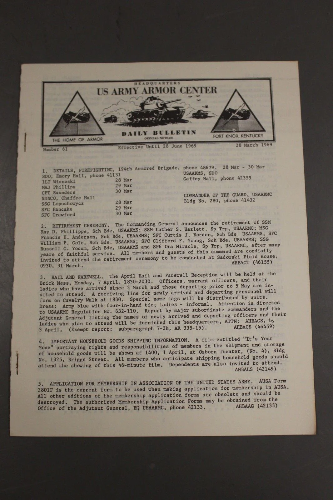 US Army Armor Center Daily Bulletin Official Notices, Year: 1969 - Image 9