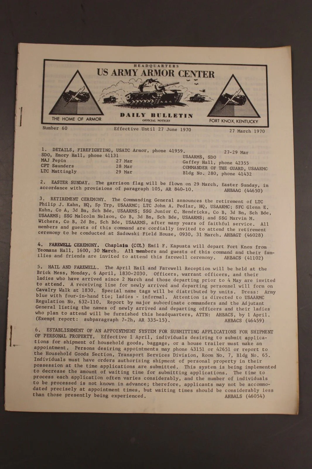 US Army Armor Center Daily Bulletin Official Notices, Year: 1970 - Image 6