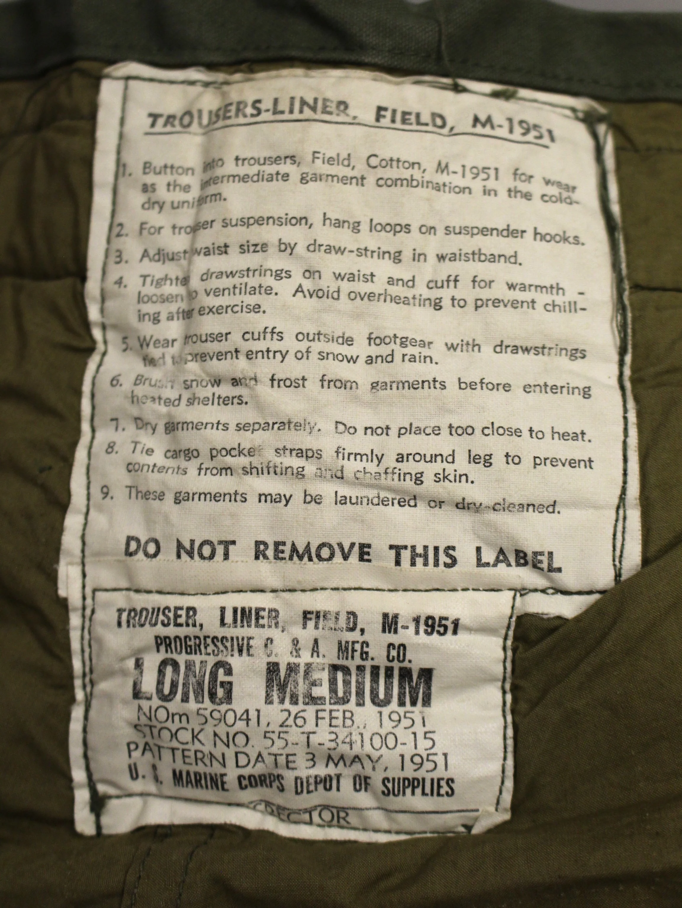US Military M-1951 Field Trouser Liner - Size: Long-Medium - Used - Image 3