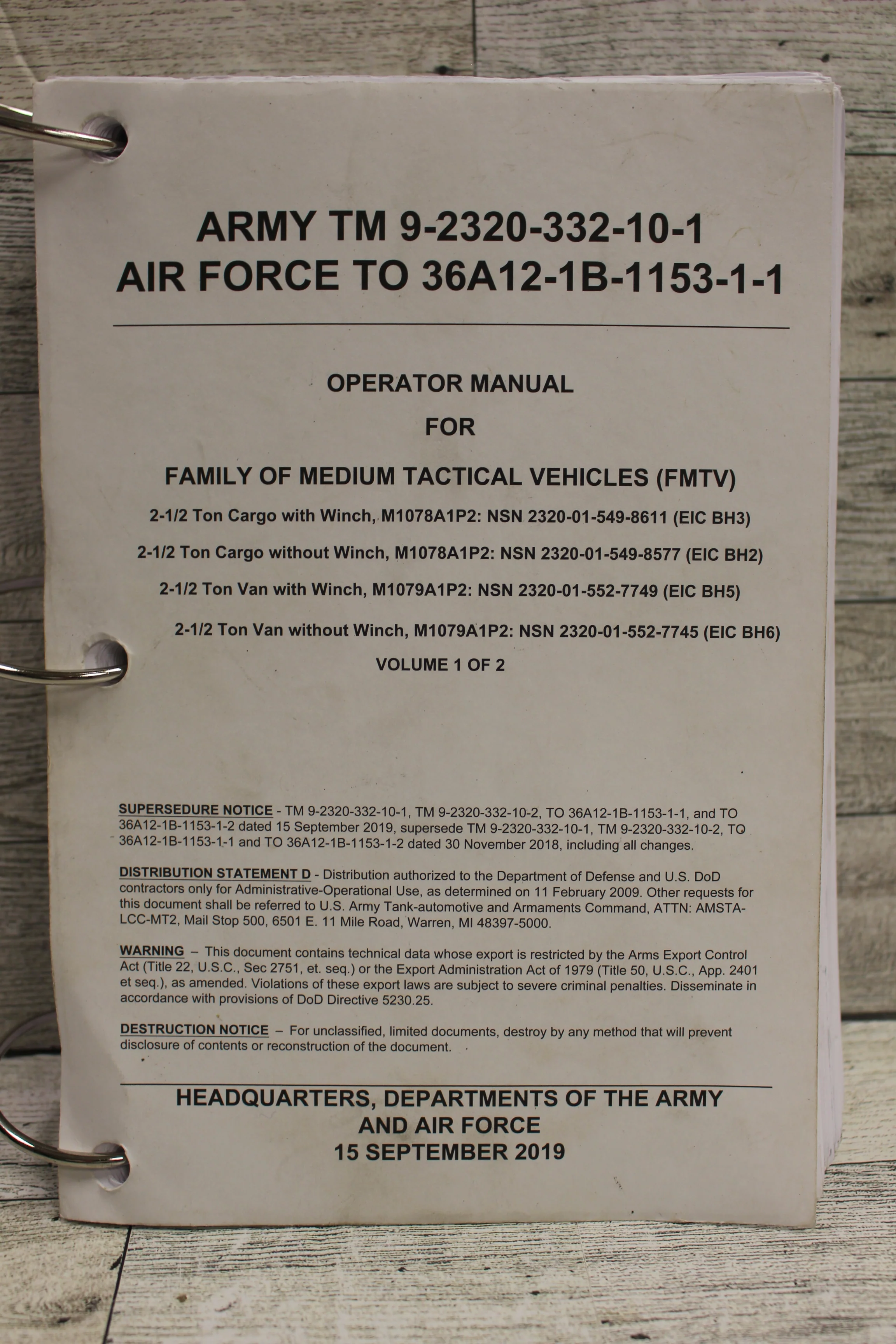 US Military Manual for Family of Medium Tactical Vehicles - 15 Sept 2019 - Used