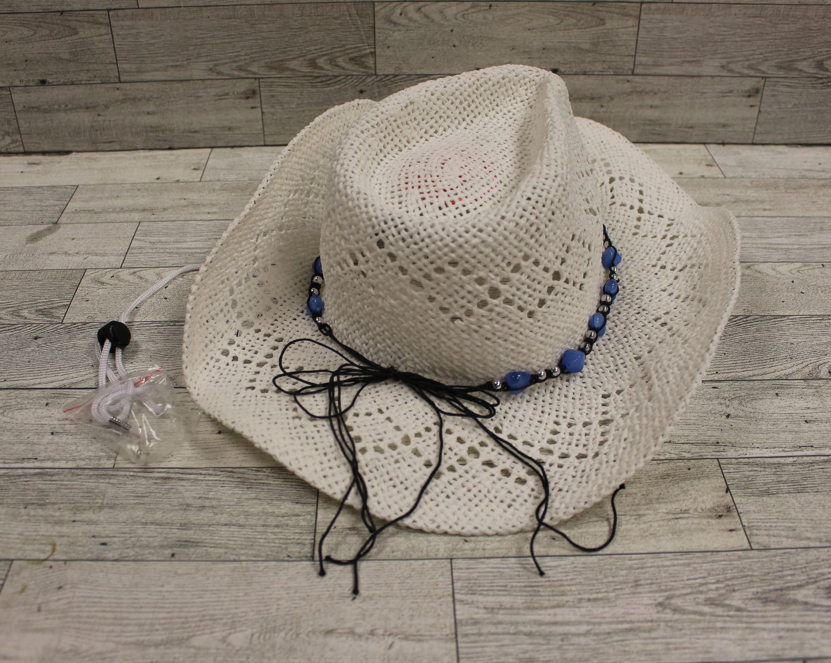 Vanmuss Straw Cowboy Hat with Teal Beads - New