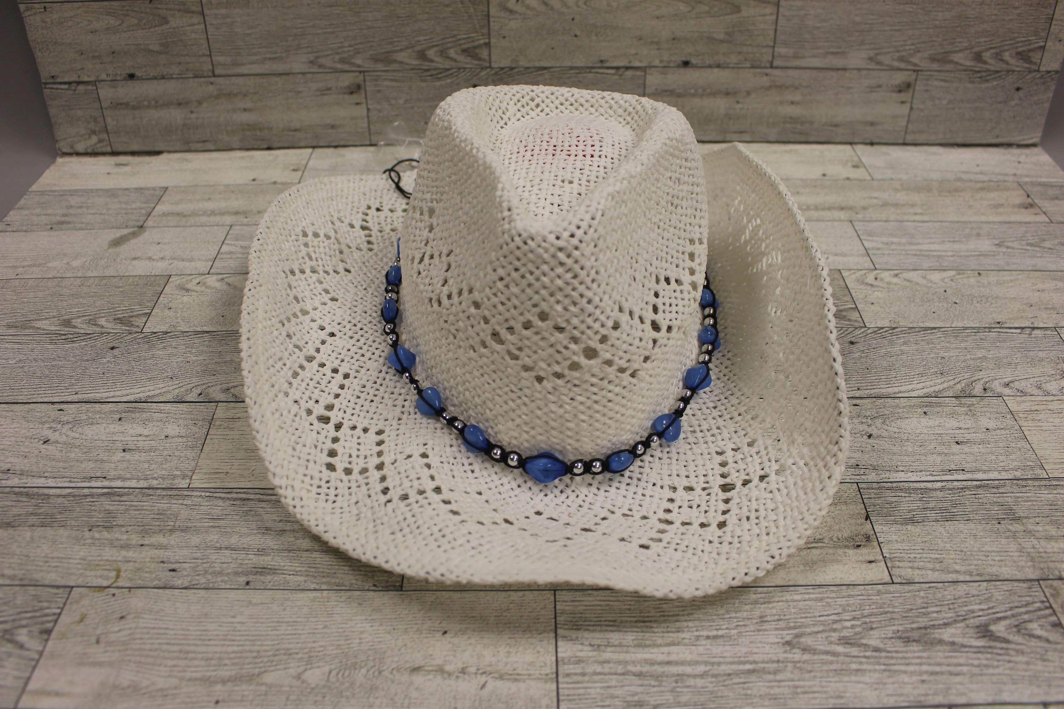 Vanmuss Straw Cowboy Hat with Teal Beads - New - Image 4