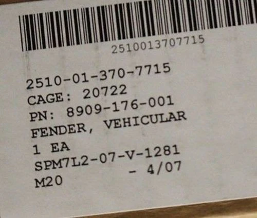Vehicular Fender, NSN 2510-01-370-7715, P/N 8909-176-001, New! - Image 5