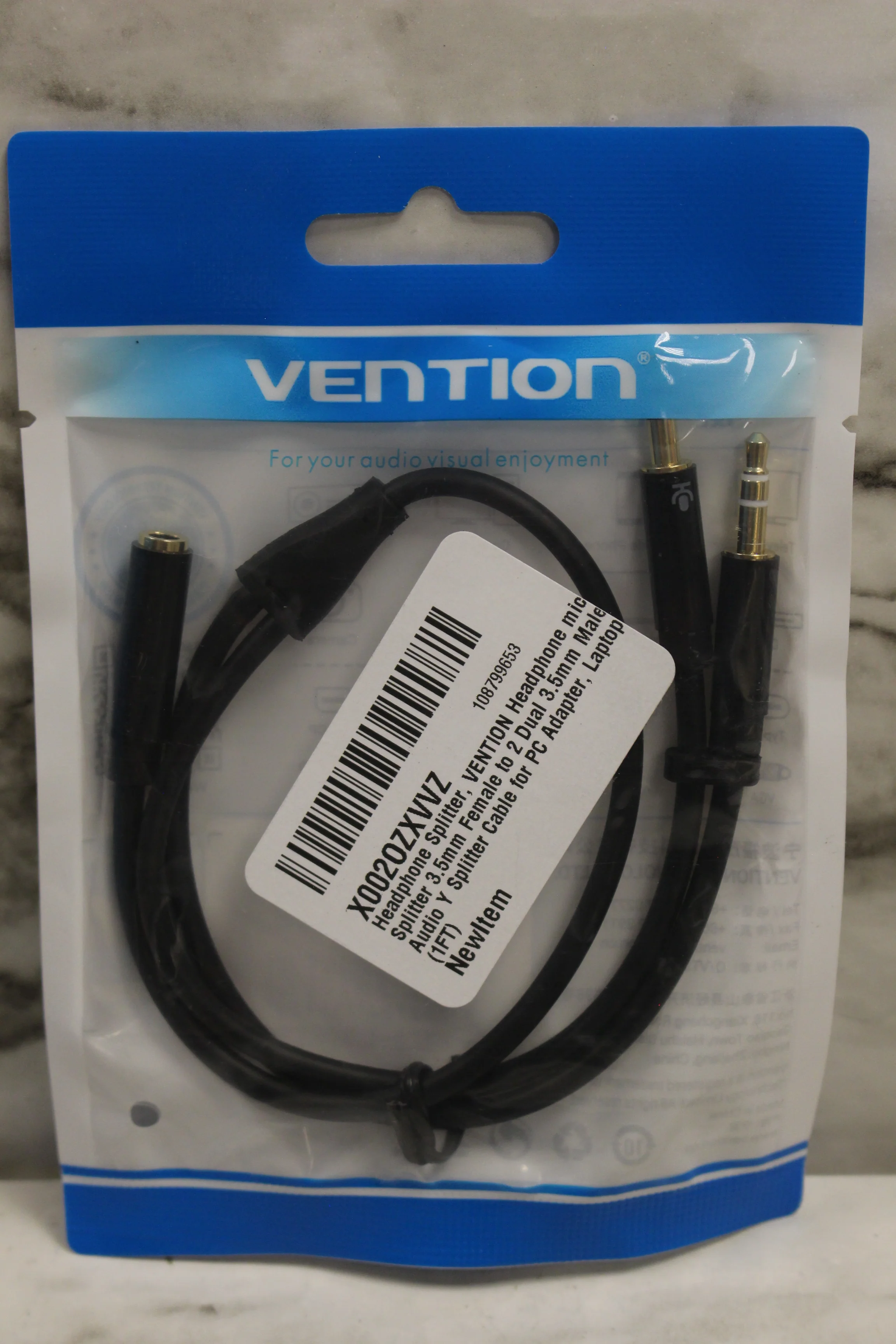 Vention Headphone Splitter For 3.5mm 1FT Length -Black -New