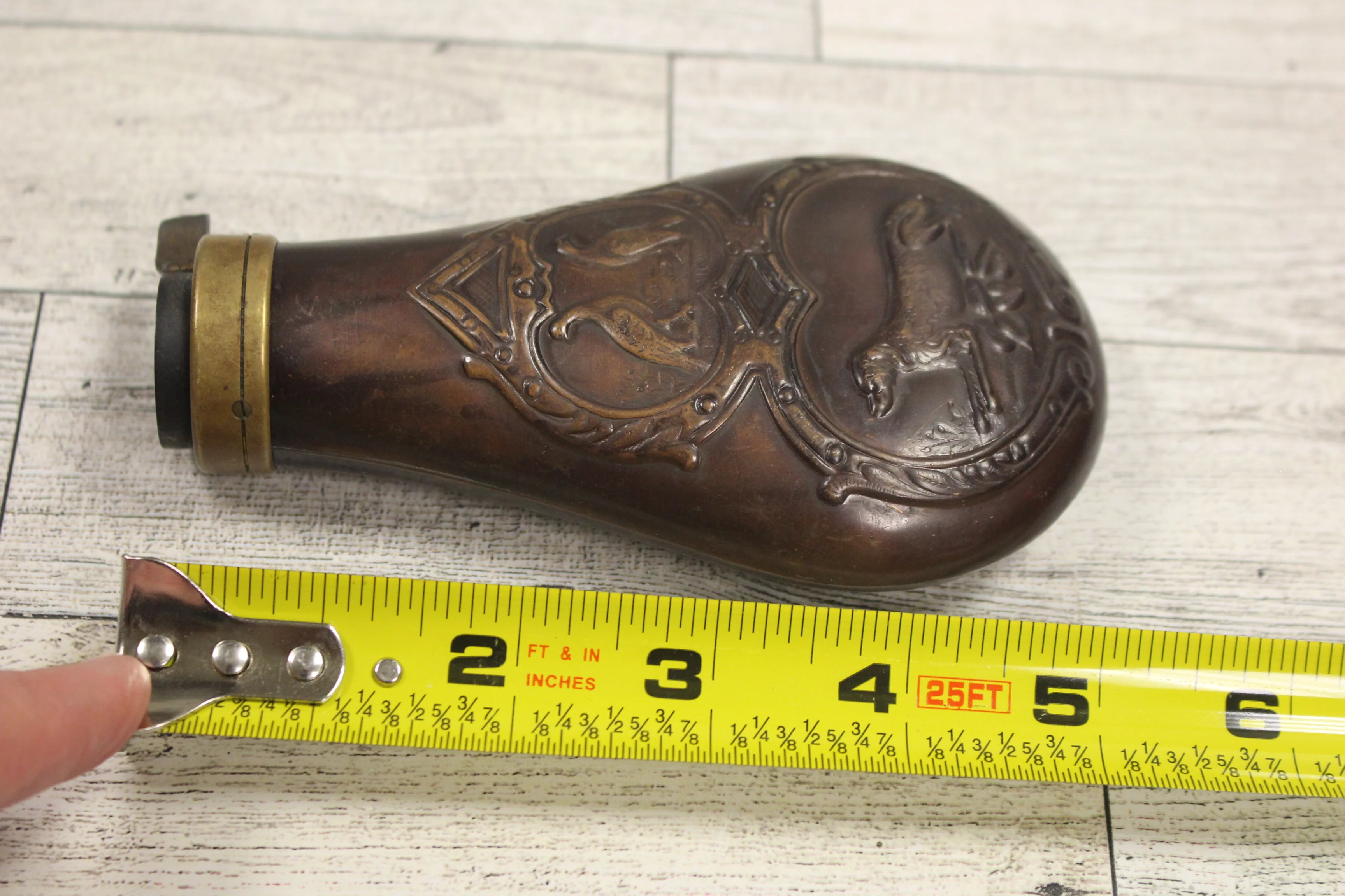 Vintage Copper & Brass Black Powder Flask -Embossed Hunting Dog & Pheasant -Used - Image 2
