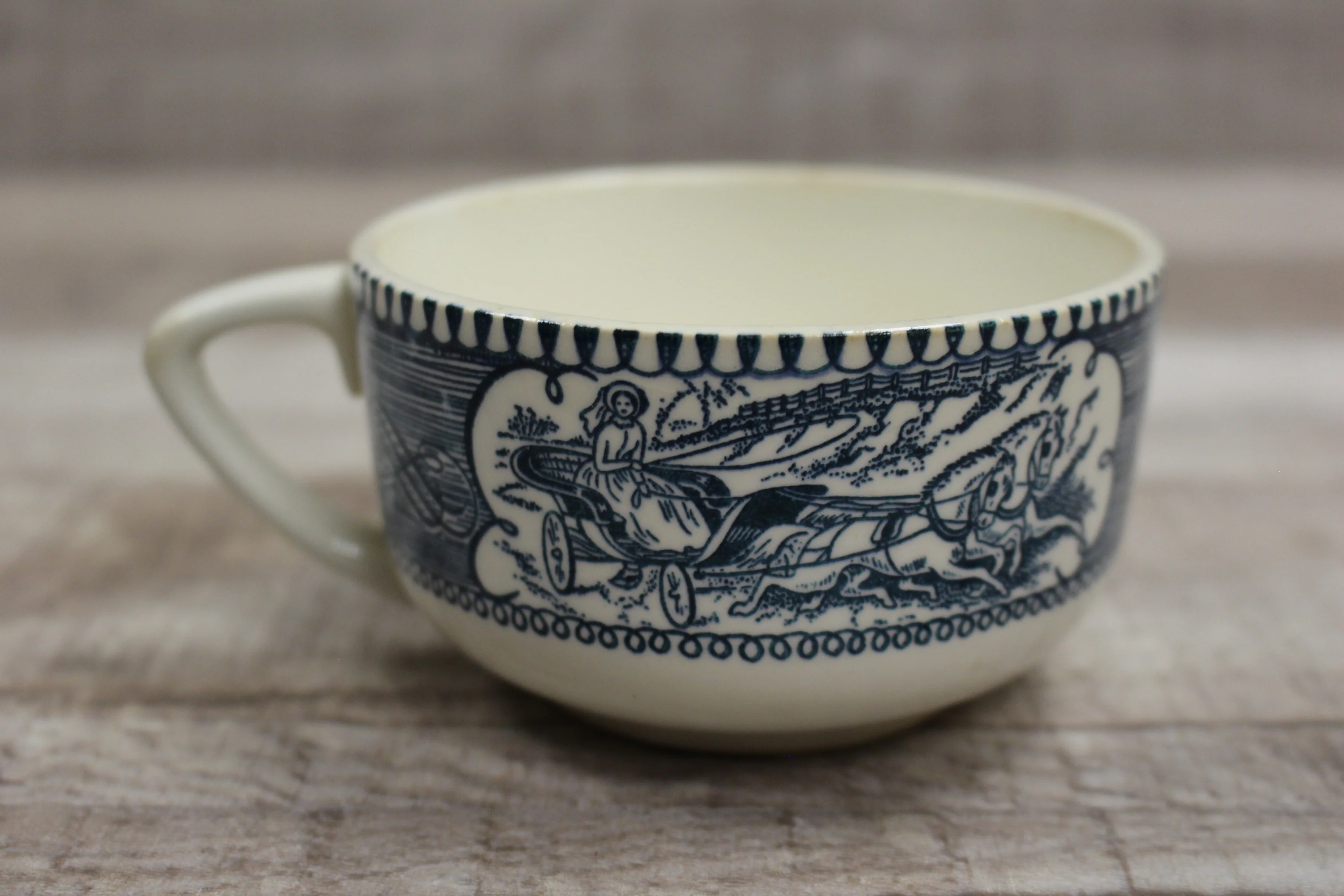 Vintage Currier and Ives Horse and Carriage Teacup -Blue -Used - Image 2