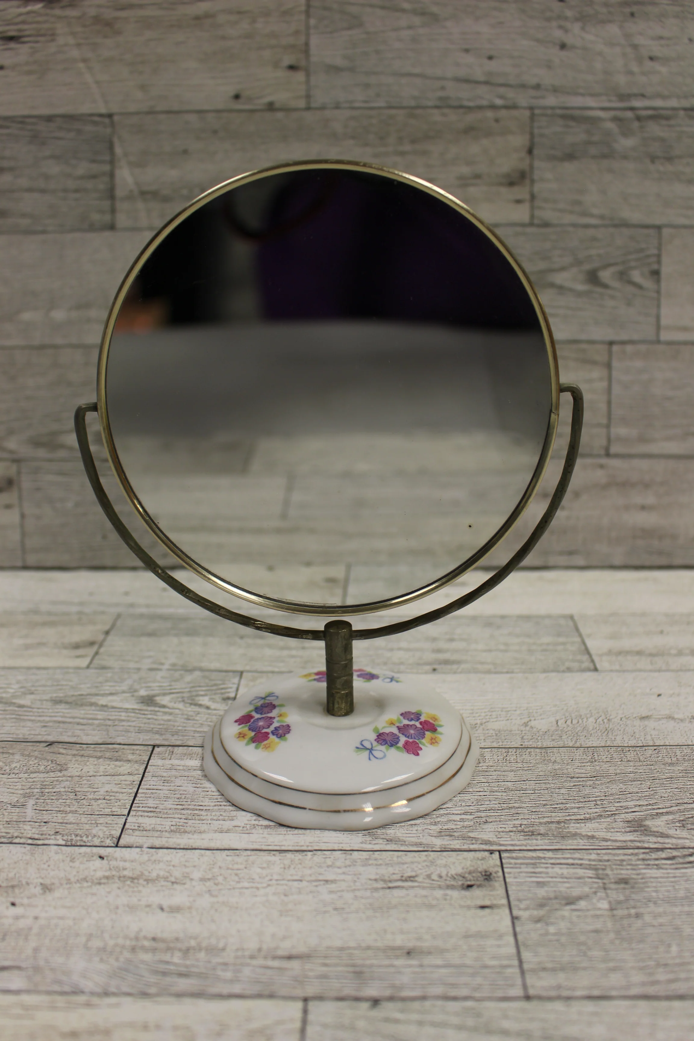 Vintage Porcelain Base Double Sided Magnifying Make Up Mirror - Used
