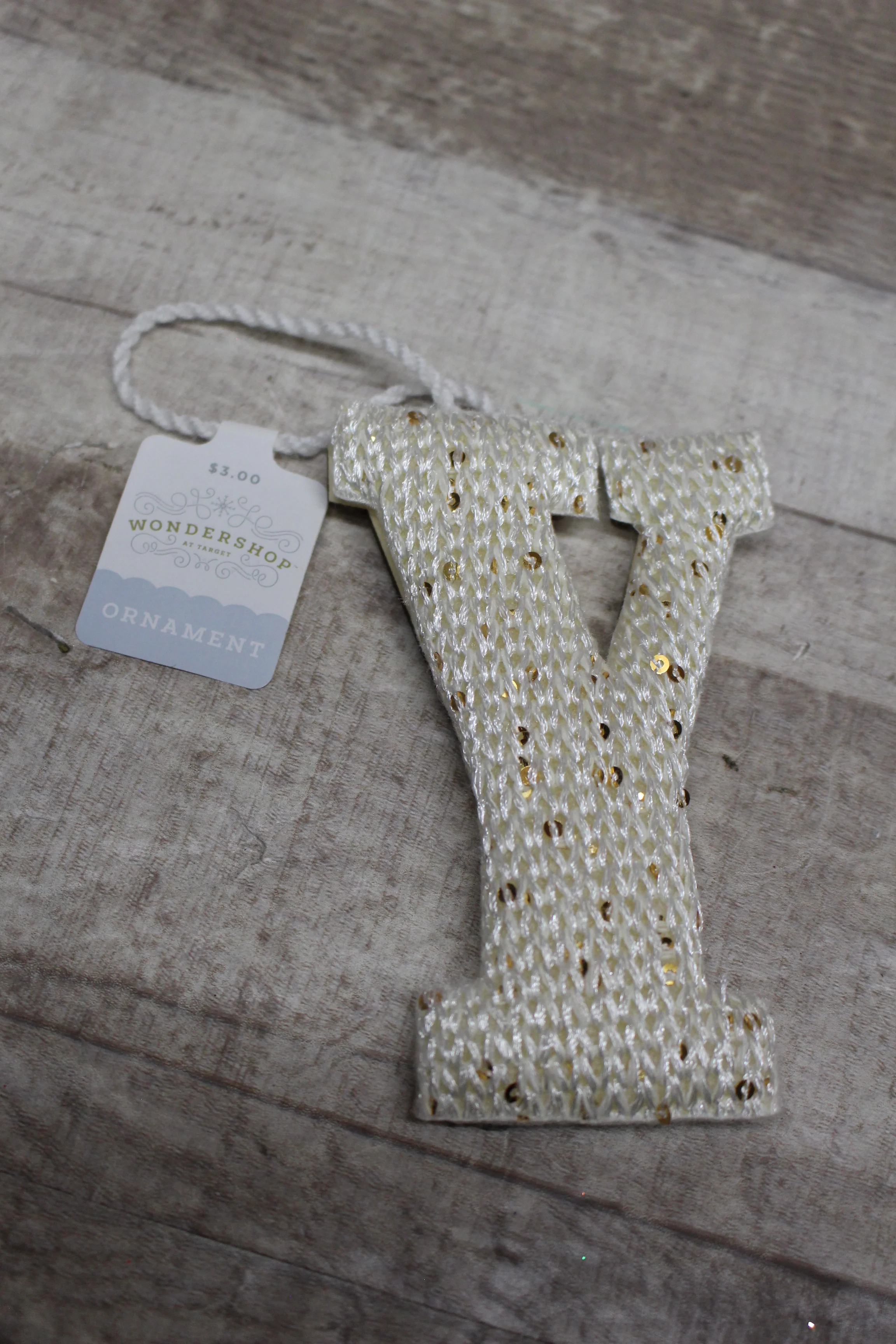 Wondershop By Target White Wooden Threaded Design "Y" Initial Ornament -New